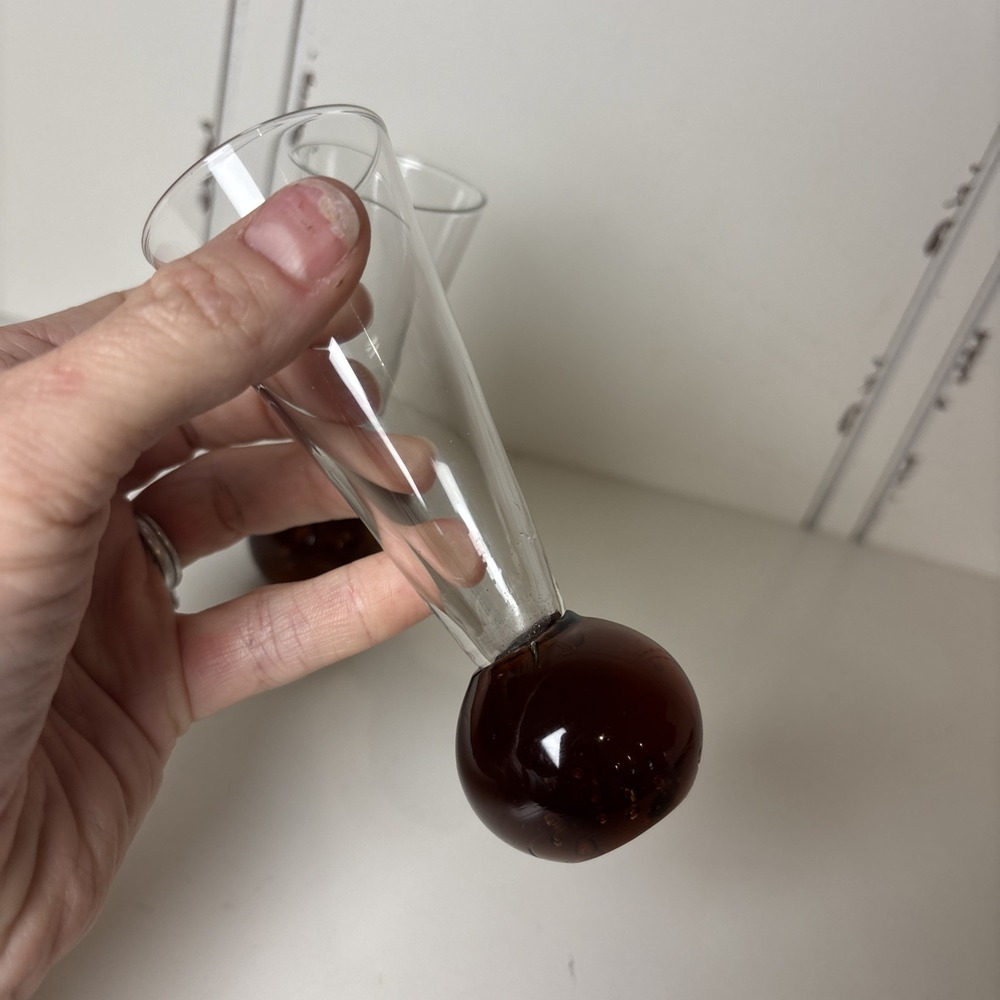 Vintage 2 Cordial Shot‎ Glass Amber Bubble Ball Bottom Base Colored Glass 4 1/2" - Picture 4 of 7